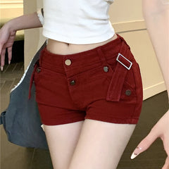 Hnewly  Summer Red Slim Hot Mini Shorts Women Streetwear Belt Buckle Tight Shorts Woman High Waist Y2K Dance Short Pants Female