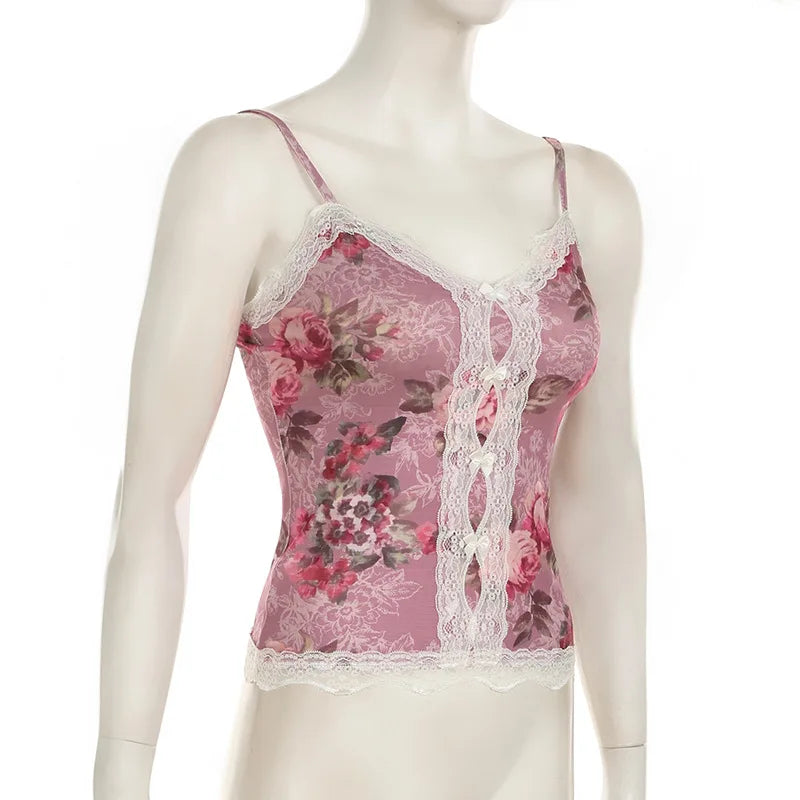 Hnewly y2k Tops Women Coquette Clothing Floral Print V Neck Spaghetti Strap Sleeveless Camisole Vest 2000s Clothes Streetwear