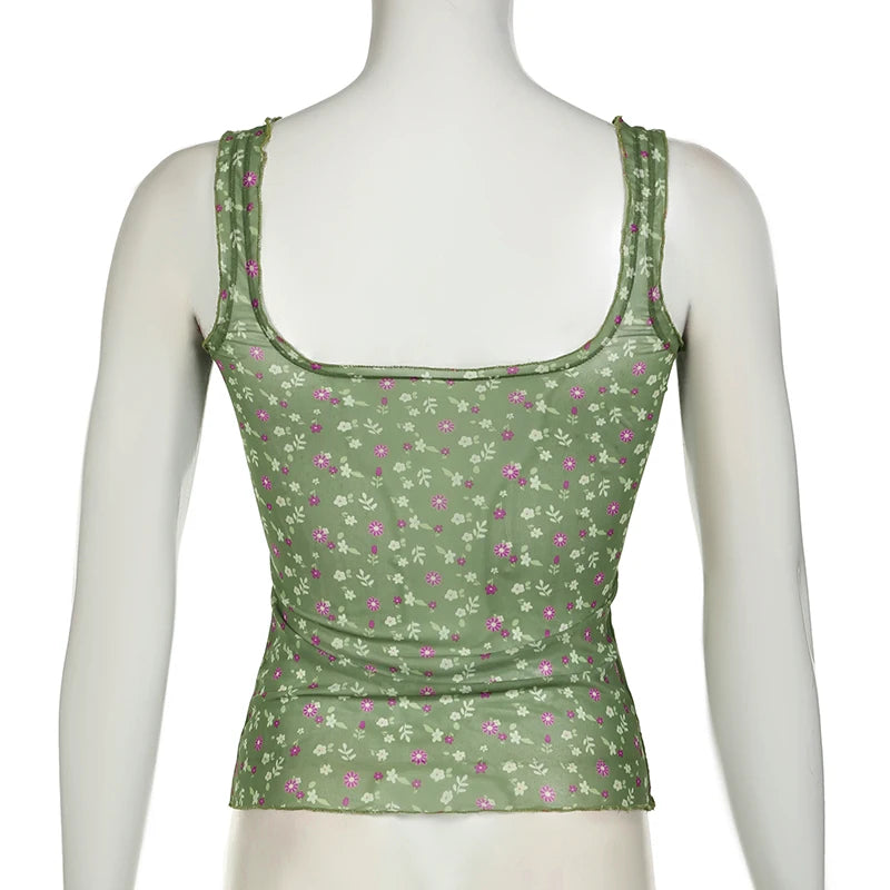 Hnewly Vintage Frill Y2K Small Flowers Printing Mesh Top Vest See Through Holidays 2000s Aesthetic Summer Tank Tops Female