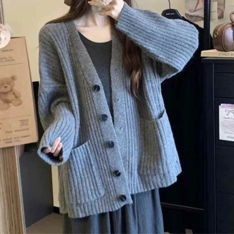 Hnewly  Oversized Cardigan Women Long Sleeve Pocket Front Button-up Rib Knit Sweater Jacket Teen-girl Autumn Winter Preppy Daily Outfit