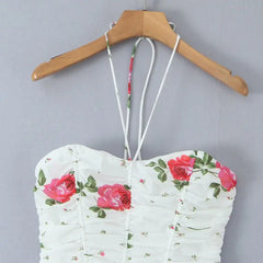 Lunivop  Sexy White Floral Print Lacing Up Bow Halter Sling Dress Women Fold Ruched Slim Waist Backless Swing Short Dresses Robe