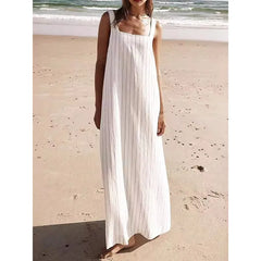 Hnewly  Summer Striped White Dresses Loose Fit Sundress Square Neck Lazy Casual Beach Vacation Simple Long Dress
