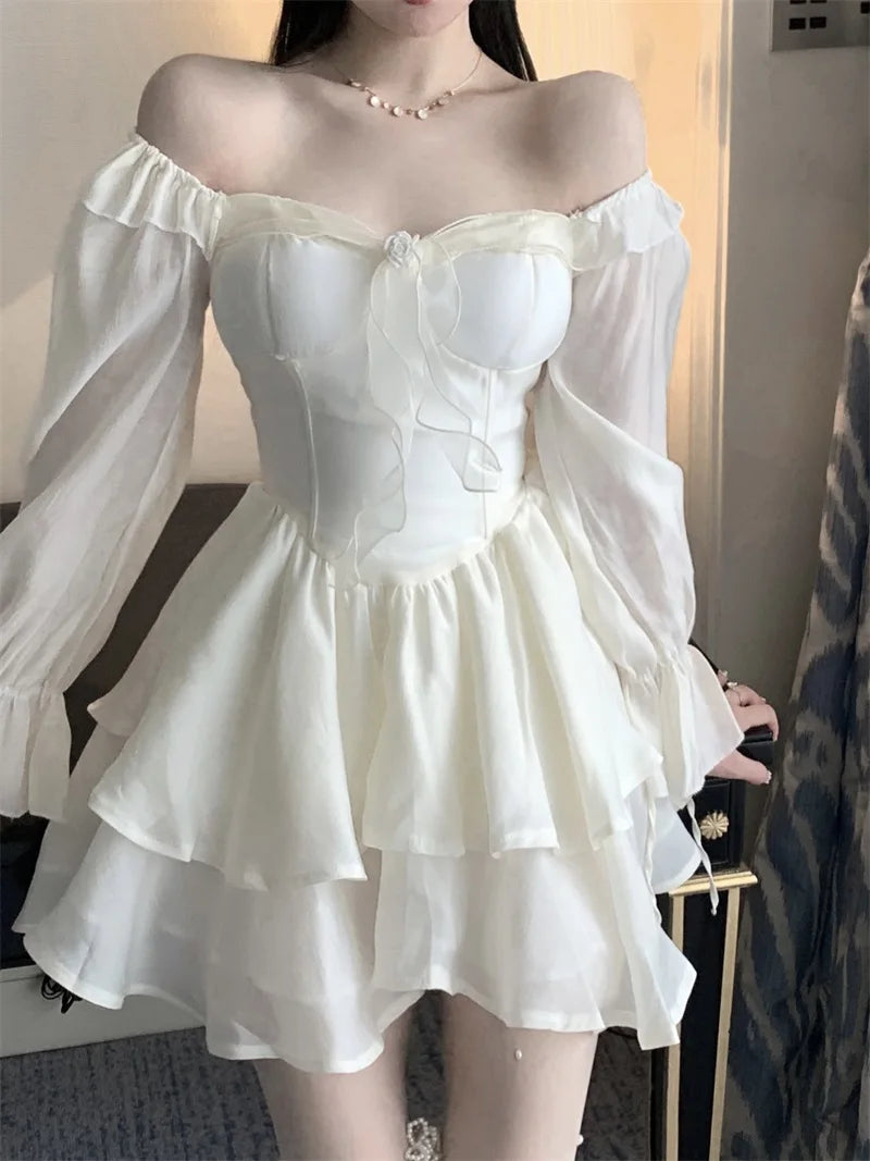 Hnewly Summer Fashion Sweet Cake White Short Dresses Femme High Waist Long Sleeves Dress Fairy Elegant Lace Evening Dresses for Women