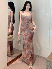 Hnewly  Temperament Elegant Dresses Women Oil Painting Floral Printed Sleeveless Vintage Stretch Bandage Party Dress Female Party
