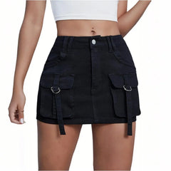 Hnewly  Ladies' Korean Style Harajuku Multi-pockets High Waist Skirt Fashion High Street Sexy Stretch Slim Fit Distressed Denim Skirt