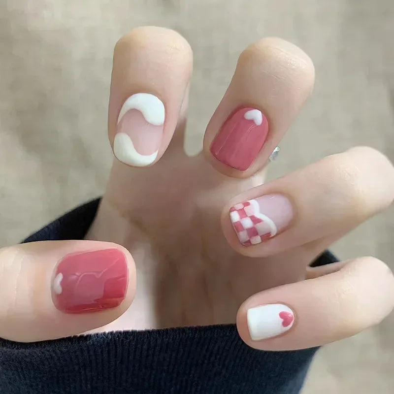 Hnewly 24pcs Red Rose False Nails Full Coverage Set Reusable Fake Nails Faux Acrylic Press on Nails with Accessories
