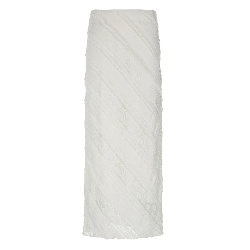 Hnewly Elegant Solid White Lace Skirt with Slit y2k Aesthetic Low Rise All-match Straight Long Skirts for Women Vintage Clothing
