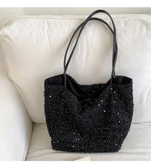 Hnewly  Women Bag Ladies Leisure Solid Color Totes Bag Large Capacity Sequins Handbag Luxury Sparkling Bucket Bag Women's Shoulder Bags