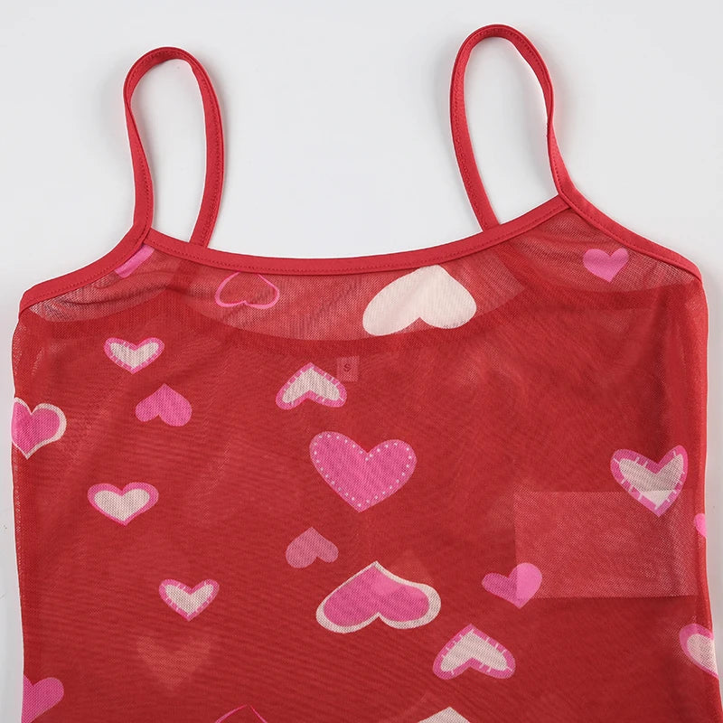Hnewly Sexy Transparent Camis y2k Cute Heart Print Sleeveless Strap Cropped Top Women Clubwear See Through Tees Summer Harajuku