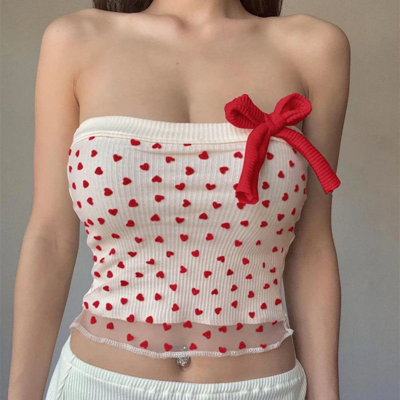 Hnewly Sexy Off Shoulder Y2K Korean Tank Top Aesthetic Print Mesh Perspective Tube Top Sleeveless BOW Temptation Crop Tops