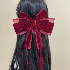 Hnewly  1PC Autumn Winter Red Velvet Bow with Ribbon Spring Clip Hair Barrette, Fairy-Inspired Hair Accessory for Back-of-Head/Top Styli