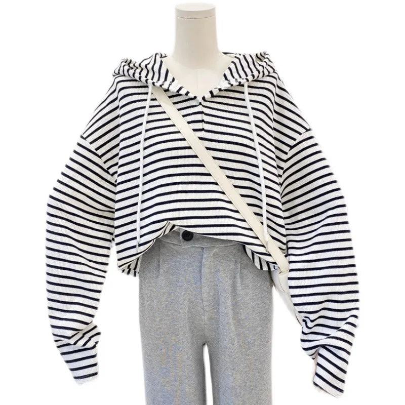 Hnewly  New Striped Hoodie Sweatshirt Women's Spring Autumn 2025 Fashion Preppy Style Retro Long Sleeve Top Loose Pullover Jacket