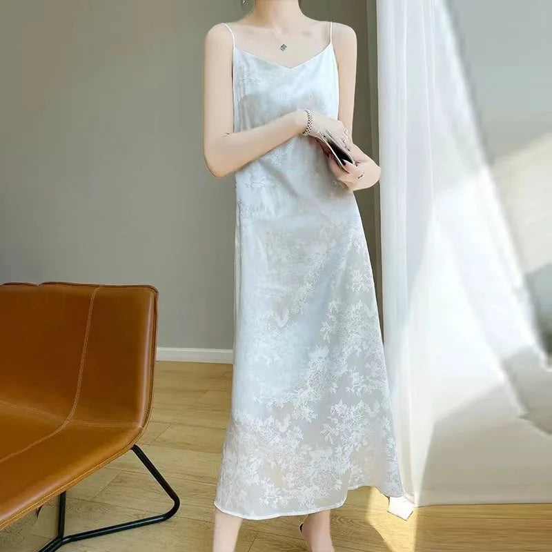 Hnewly Satin Jacquard Slip Dress for Women Summer Sexy Hollow Out Sleeveless Midi Dress Y2K Korean Elegant Beach Party Vestidos New