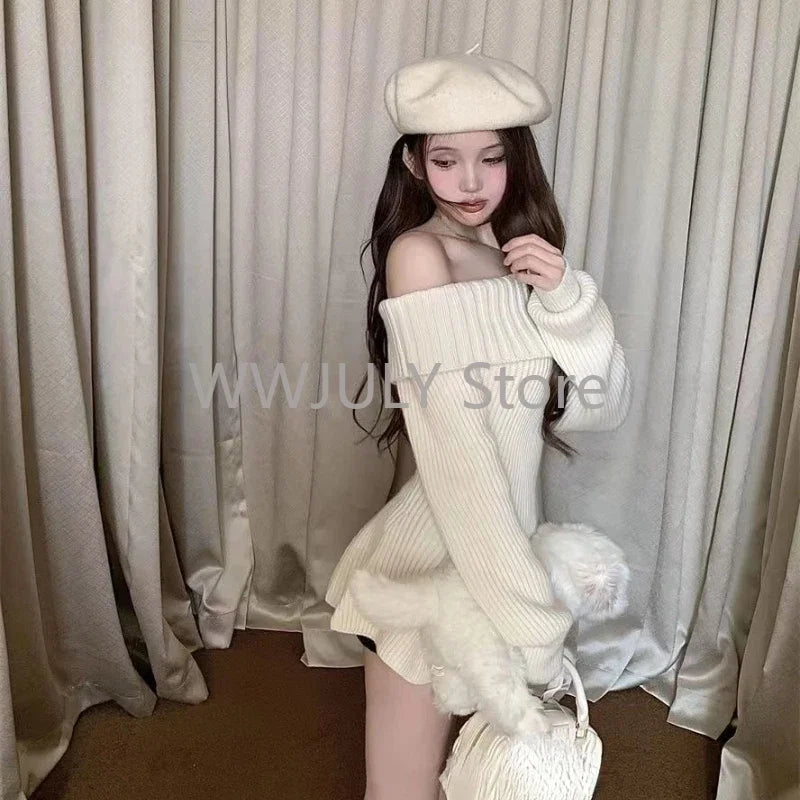 Hnewly trashy outfits Women Sweater Sweet Slash Neck Off Shoulder Ruffles Autumn Winter Slim Stretch Elegant Knitted Tops Ladies Pullover