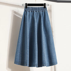 Hnewly  Classic Basic High Waist Blue Denim Pleated Skirt Women Elastic Loose Fashion With Buttons A-Line Streetwear Medium Length Dress