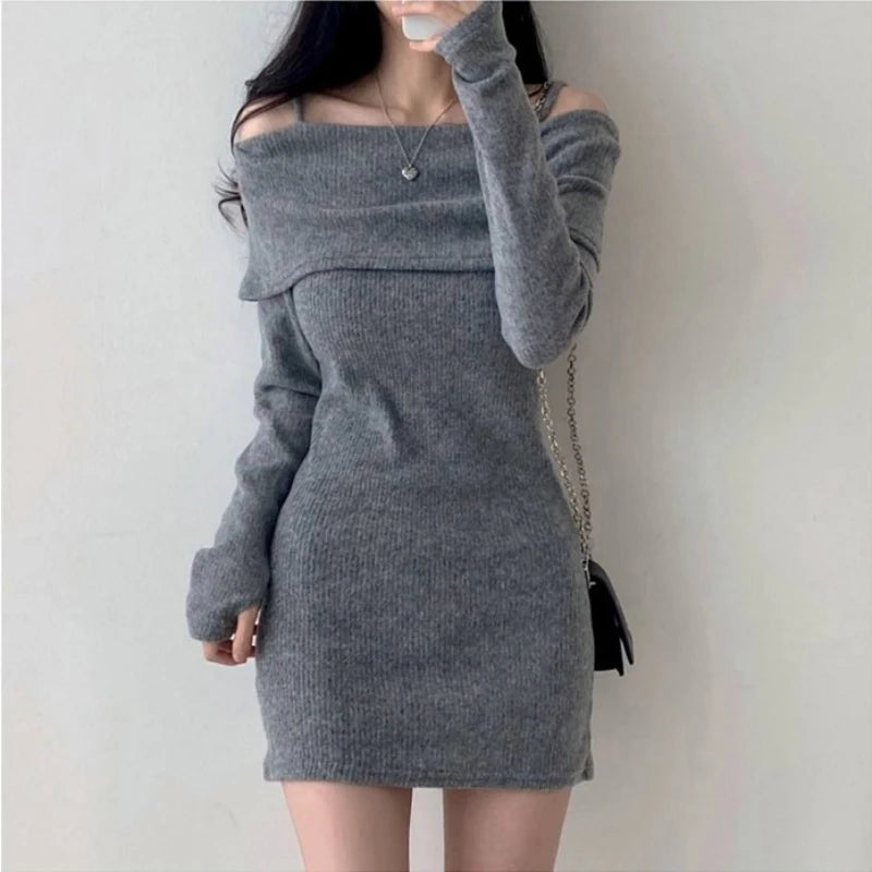 Hnewly Y2K Women Knitted Mini Dress Korean Sexy Off Shoulder Female Dress Spring New Spaghetti Strap Long Sleeve Ladies Vestidos