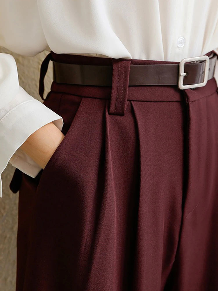 Hnewly Spring 2025 New Burgundy Suits Pants for Women Office Lady Elegant High Waist Wide Leg Fashion Trousers with Pockets Black Gray