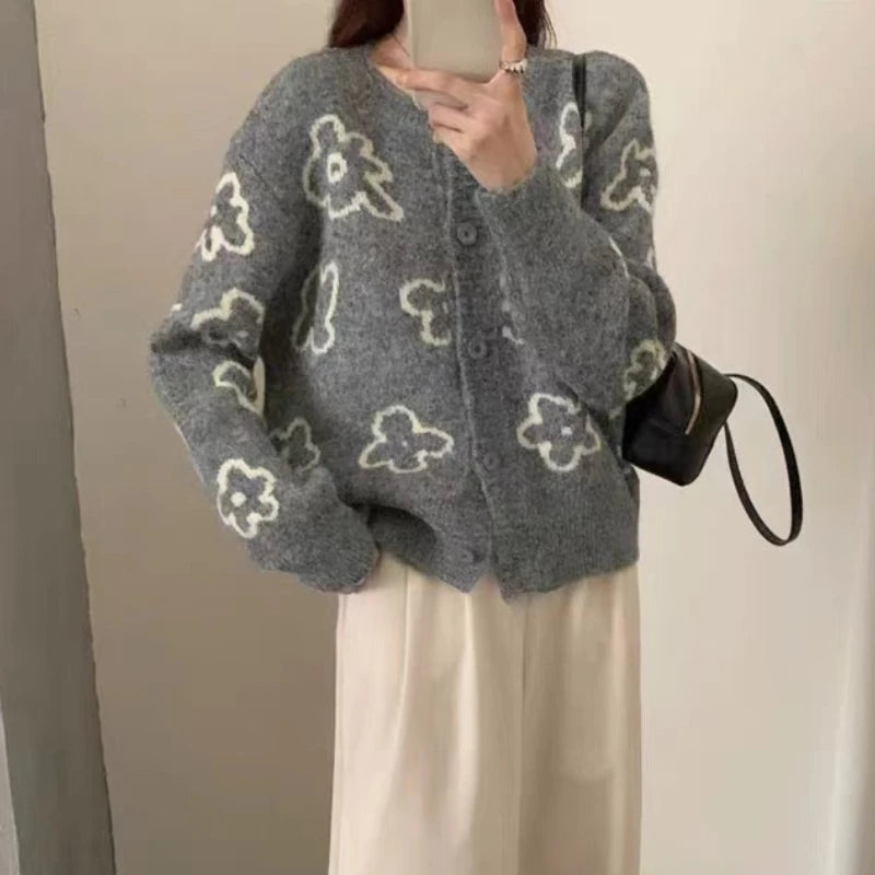 Hnewly  Cute Floral Knitted Cardigan for Women Cozy O-neck Button Front Sweater Jacket Teen-girl Fall Winter Korean Fashion Outfit