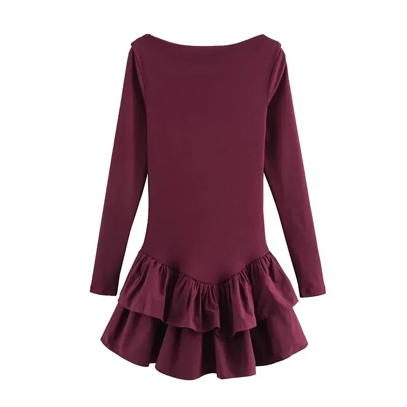 Hnewly  Ruffled Hem Solid Women Dresses Elegant Long Sleeve High Waist O-neck Lady Mini Dress Spring Chic Street Party Female Robes