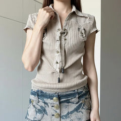 Lunivop  Safari Style Vintage Turn Down Collar Short Sleev Women Shirts Y2k Cross Lace Up Design Harajuku Knitted Clothes Street Punk Top