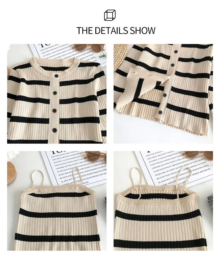 Hnewly  Women's Striped Knitting Cardigan Single Breasted Long Sleeved Sweater+Spaghetti Straps Vest Spring Autumn Korean Top 2pcs