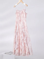 Hnewly  Casual Fairy Floral Strap Dress Women Chiffon Elegant Evening Party Midi Dress Ruffle Sweet Korean Dress Women Sweet Summer