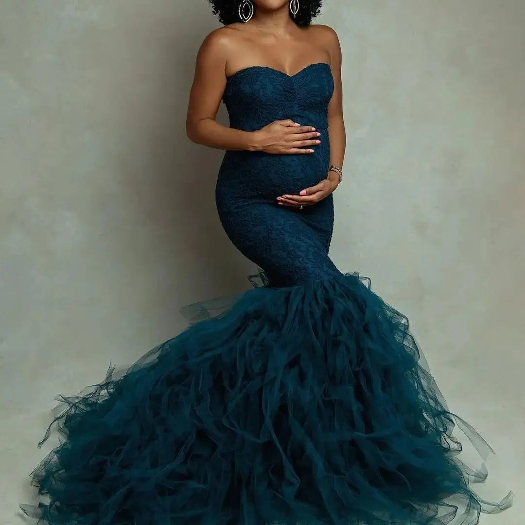 Hnewly  Fashion Lace and Tulle Evening Party Dress for Pregnant Women Mermaid Maternity Gown Photoshoot Dress Pregnancy Gown