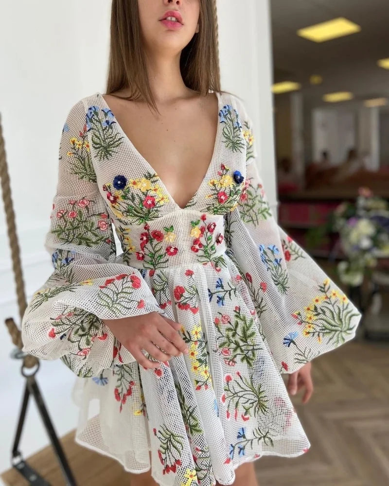 Hnewly  Elegant Lace Embroidery Design Lantern Sleeve Fairy Dress Birthday Party Gown Sweet Princess Style High Waist A-Line Skirt