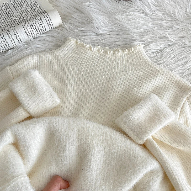 Hnewly  Lace Edge Half High Collar Sweater Autumn Winter New Women's Long Sleeve Top Warm Solid Color Slim Basic Knit Pullover