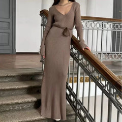 Hnewly  Sexy V-neck Elegant Knitted Dress Women Vintage Coquette Long Dress Autumn Winter Retro A-line Party Dresses Slim Up