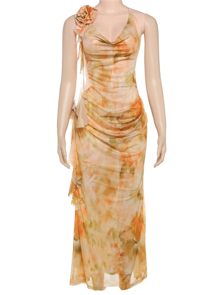 Hnewly  Tie-Dye Fashion Maxi Dress Women Applique Lace-Up Halter Ruffles Tassel Vacation Beach Party Ruched Elegant Vestidos