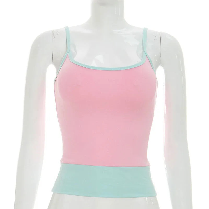 Hnewly  Sexy Contrast Panelled Women's Slip Vest Chic Sleeveless Big U-Neck Slim Tanks Summer Vacation Fashion Female Vests