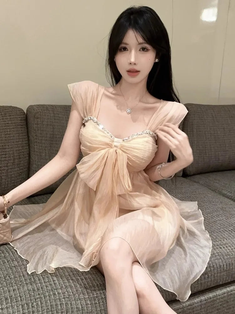 Hnewly  Mini Dresses Women Rhinestone Off Shoulder Bow Slim Backless Irregular Solid Backless Party Dress Elegant Ladies Sweet
