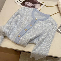 Hnewly French Elegant Cardigan Sweater Women's Fashion O-Neck Long Sleeve 2023 New Spring Autumn Knitwear Women's Short Loose Coat Top