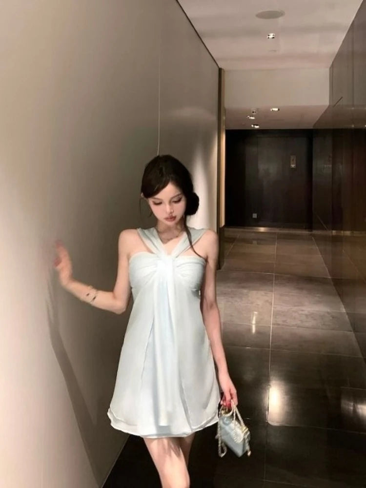 Hnewly  Mini Dresses Women Sleeveless Sexy Halter Backless Summer Fashion Solid Party Dress Sweet Elegant Female Casual