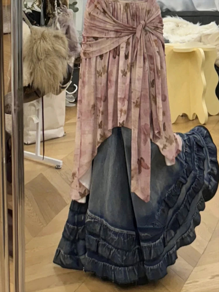 Hnewly Summer French Retro Print Midi Dress Female Casual Irregular Denim Vintage Y2k Dress Women Korean Fashion Evening Party