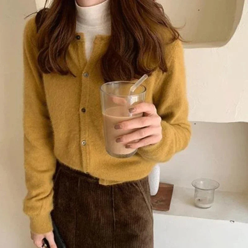 Hnewly Cold Weather Outfits Fall Solid Color Knitted Cardigan Women Korean Single Breasted Long Sleeve Jumper Woman Round Neck All Match Sweater Outwear Top