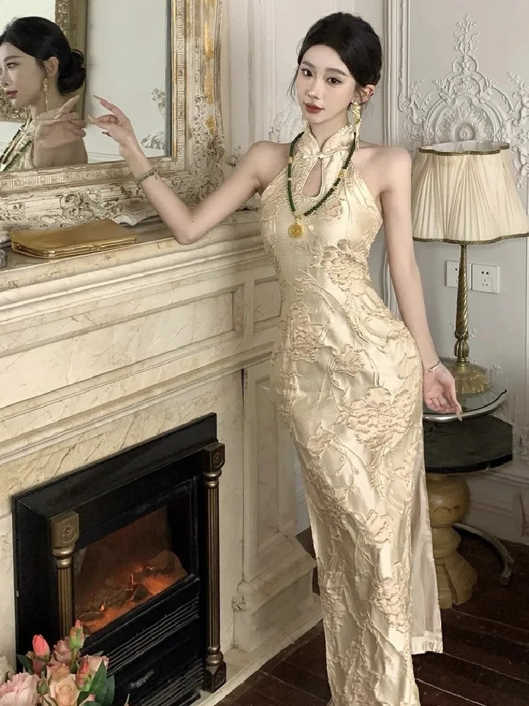 Hnewly  Woman Dress Stand Collar Sleeveless Floral Split Sexy Hollow Out Vintage Summer Fashion Temperament Dresses Party