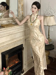 Hnewly  Woman Dress Stand Collar Sleeveless Floral Split Sexy Hollow Out Vintage Summer Fashion Temperament Dresses Party