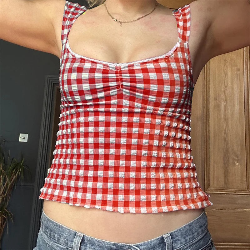 Hnewly y2k Tops for Women Summer Fairycore Clothing Plaid Print Lace Trim Sleeveless Tanks T Shirts 2000s Clothing Streetwear