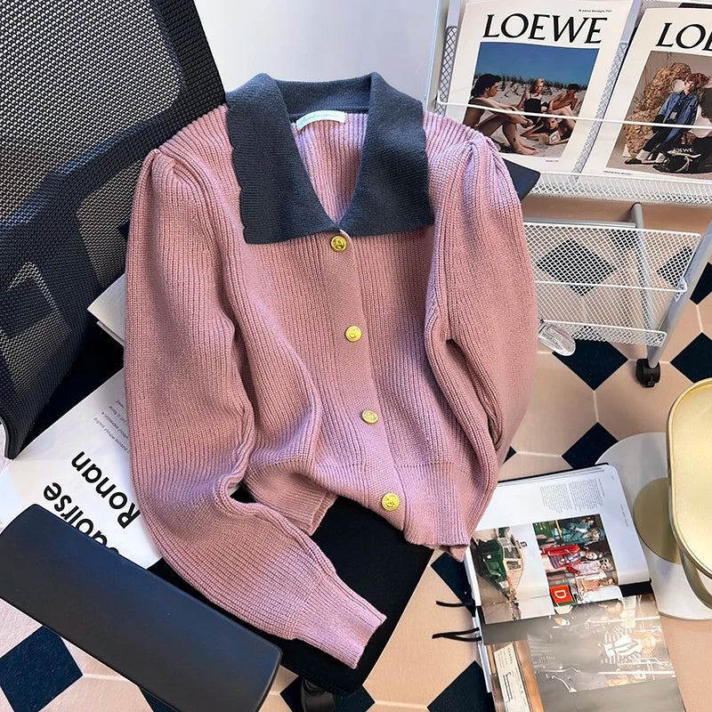 Hnewly  Women's Spring Autumn Sweater New Elegant Grey Lapel Long Sleeve Single Breasted Slim Fashion All-Match Short Coat