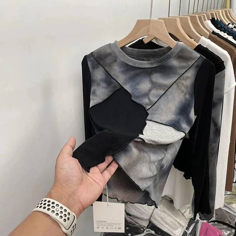 Hnewly Vintage Tie Dye Patchwork T Shirts Women Korean Chic Female Long Sleeve O Neck Tops Y2K Autumn Slim All Match Crop Tees Mujer