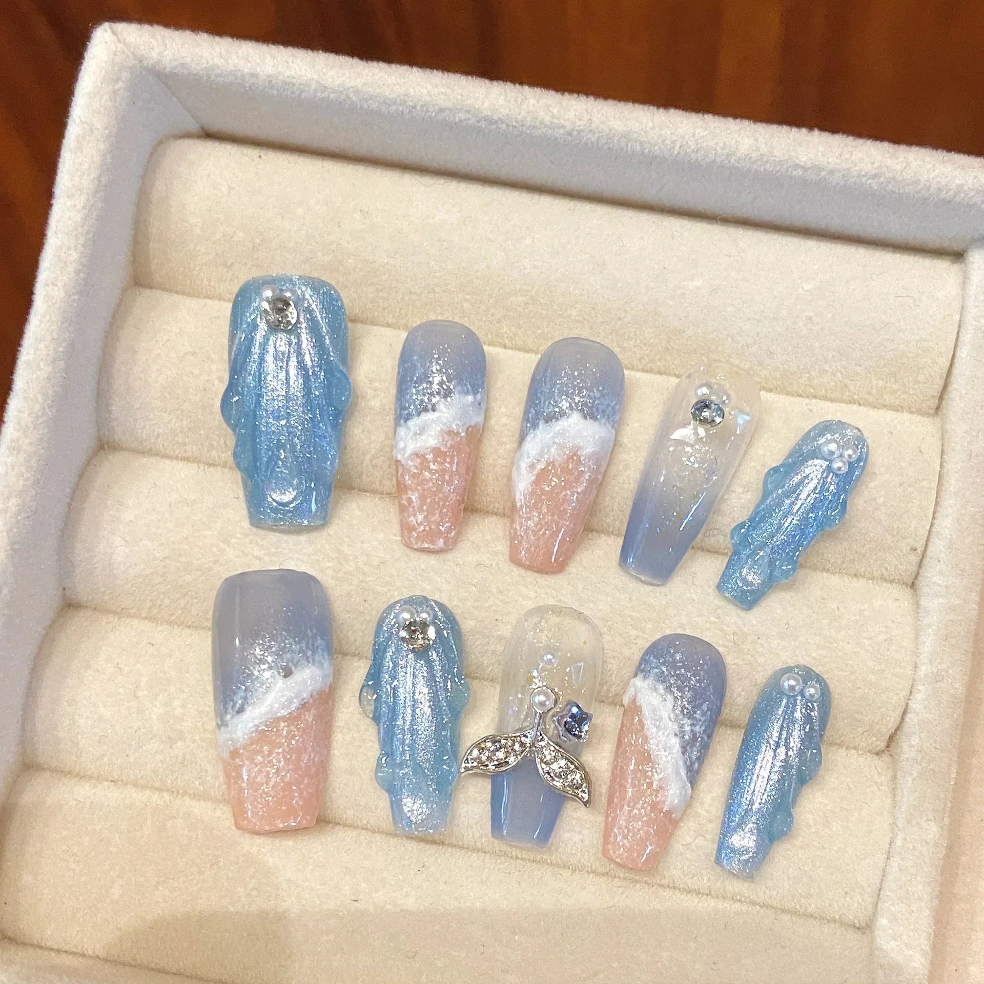 Hnewly 10Pcs Handmade Press on Nails Long Ballet Blue Fake Nails with 3D Ocean Moon Rhinestone Design False Nails Full Cover Nail Tips