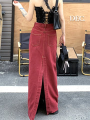 Hnewly Women's Red Split Back Denim Skirt Summer Chic Design Street Style Solid Color Female Straight Floor Length Long Skirts