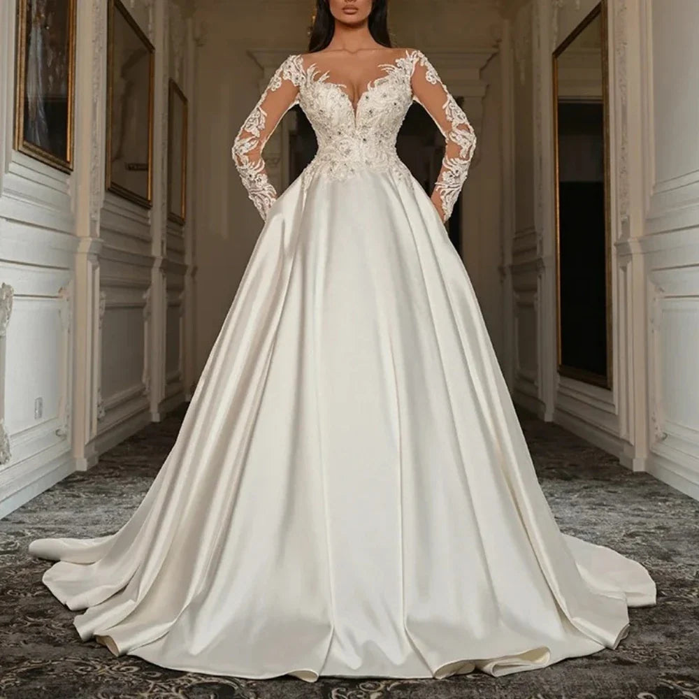 NO Lunivop  Luxury Wedding Dress Sweetheart Neck Lace Applique Long Sleeves Satin A Line Sweep Train Bridal Gown