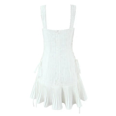 Lunivop  Sweet Girl O Neck Sleeveless White Tank Mini Dress Women Side Bandage Pleated Hem Casual Holiday Summer Dresses Short Robe