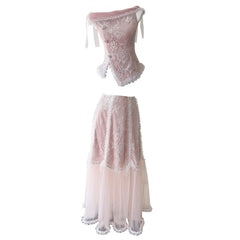Hnewly Women's Two Piece Set Lace Patchwork Ear Fungus Edge Design Top+ High Waist Skirt Female Sets New Tide