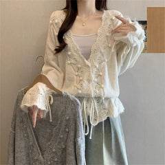 Hnewly  Japanese Style Hollow Cardigan Women Chic V-Neck Single Breasted Knitted Cardigan Woman Loose Drawstring Outwear Female
