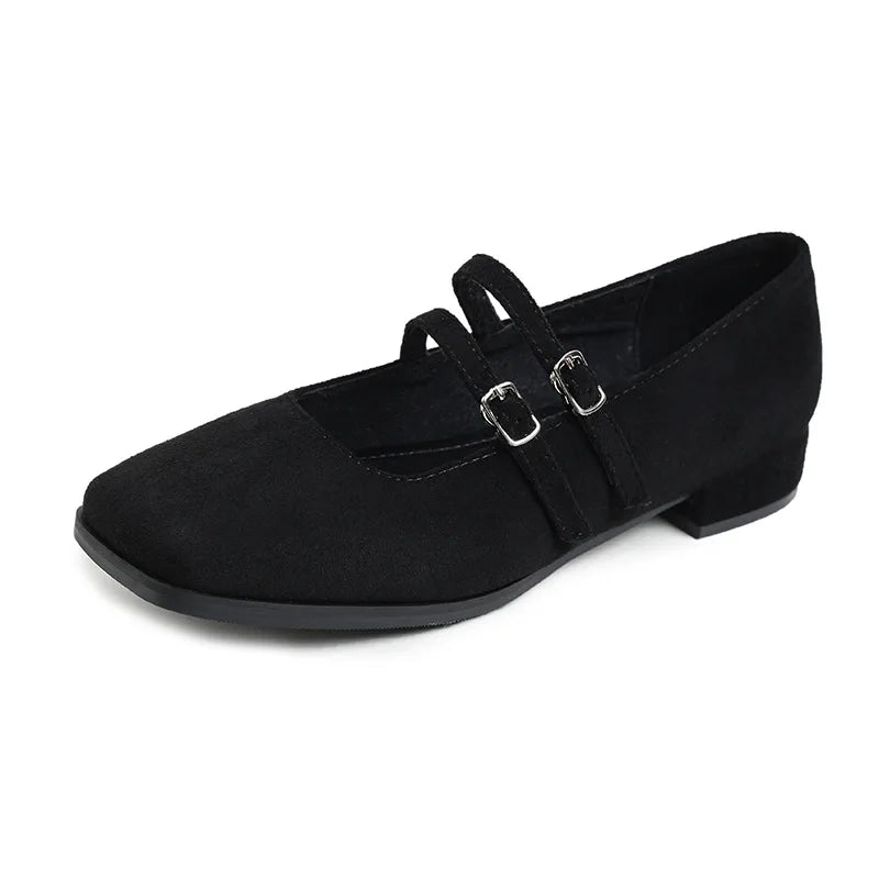 Hnewly  Shoes for Woman Mary Jane Shoes Women's Buckle Strap Low Cut Square Head Vintage Black Velvet Commuting Shoes