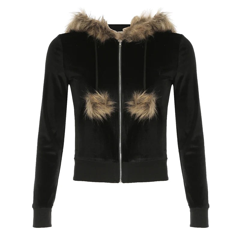 Hnewly trashy outfits Black Velvet Faux Collar Hooded Sweats Women’s Long Sleeve Causal Simple Hoodies Autumn High Fashion Clothes